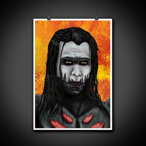 May include: A portrait print of a person with black hair and white face paint, with black accents around the eyes and mouth. The background is a mix of orange and yellow. The person is wearing a dark gray top with red accents.