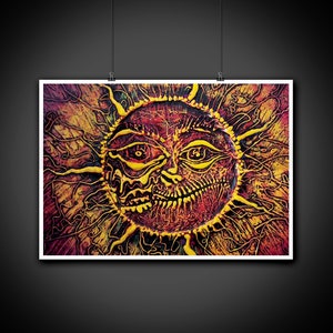 Sun Abstract Paint Psychedelic Art Digital Illustration Print, Wall Art, Home Decor