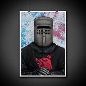 May include: A black and white illustration of a knight wearing a helmet with a red boar emblem on their chest. The background is a blue and pink watercolor wash.