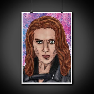 May include: A portrait poster featuring a woman with red hair and green eyes. The artwork has a comic book style with a pink and blue watercolor background. The woman is wearing a black leather jacket.