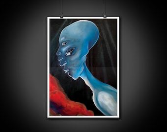 Blue Alien Abstract Paint Psychedelic Art Digital Illustration Print, Wall Art, Home Decor