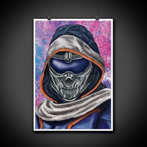 May include: A digital illustration of a person wearing a blue and white hooded cloak with a silver and blue mask. The background is a pink and blue watercolor wash.