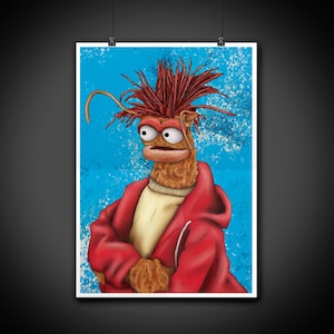 May include: A poster featuring a cartoon character with a surprised expression. The character has brown hair, a red hoodie, and a white shirt. The background is a textured blue. The poster is hanging on a dark wall.
