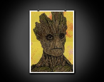 Ilustración artística impresa con retrato en color de Groot