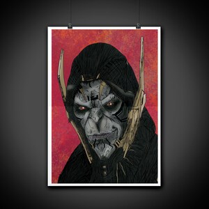 May include: A digital illustration of a dark-skinned character with a black hooded robe and a long, pointed, gold-colored headpiece. The character has a menacing expression with red eyes and a dark, detailed face.