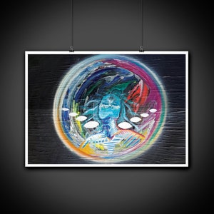 Puede incluir: Pintura abstracta de una esfera colorida con una figura azul en su interior. La esfera está rodeada de un fondo negro con formas blancas.