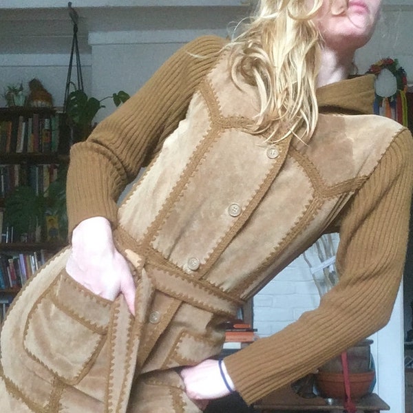 retro 70s style suede hooded jacket dress combo camel brown knit hood and arms, medium, belted, crochet patch pockets, button up