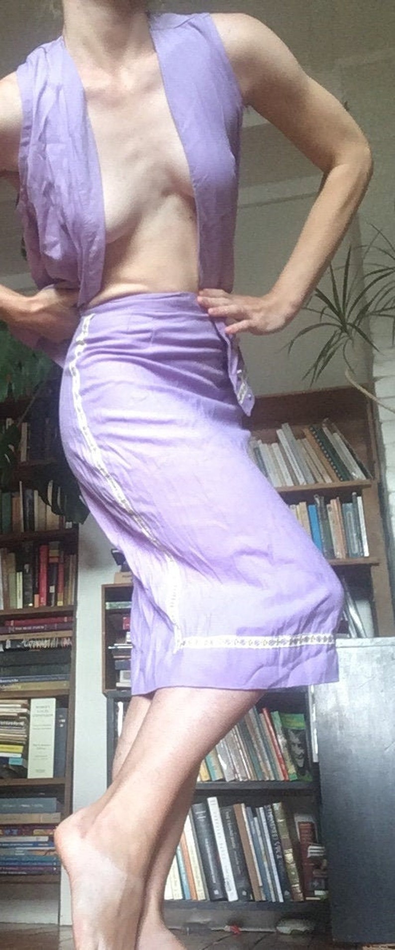 OOAK vintage handmade 60s mod high waist pencil skirt with vest set 26 inch waist lilac purple cotton