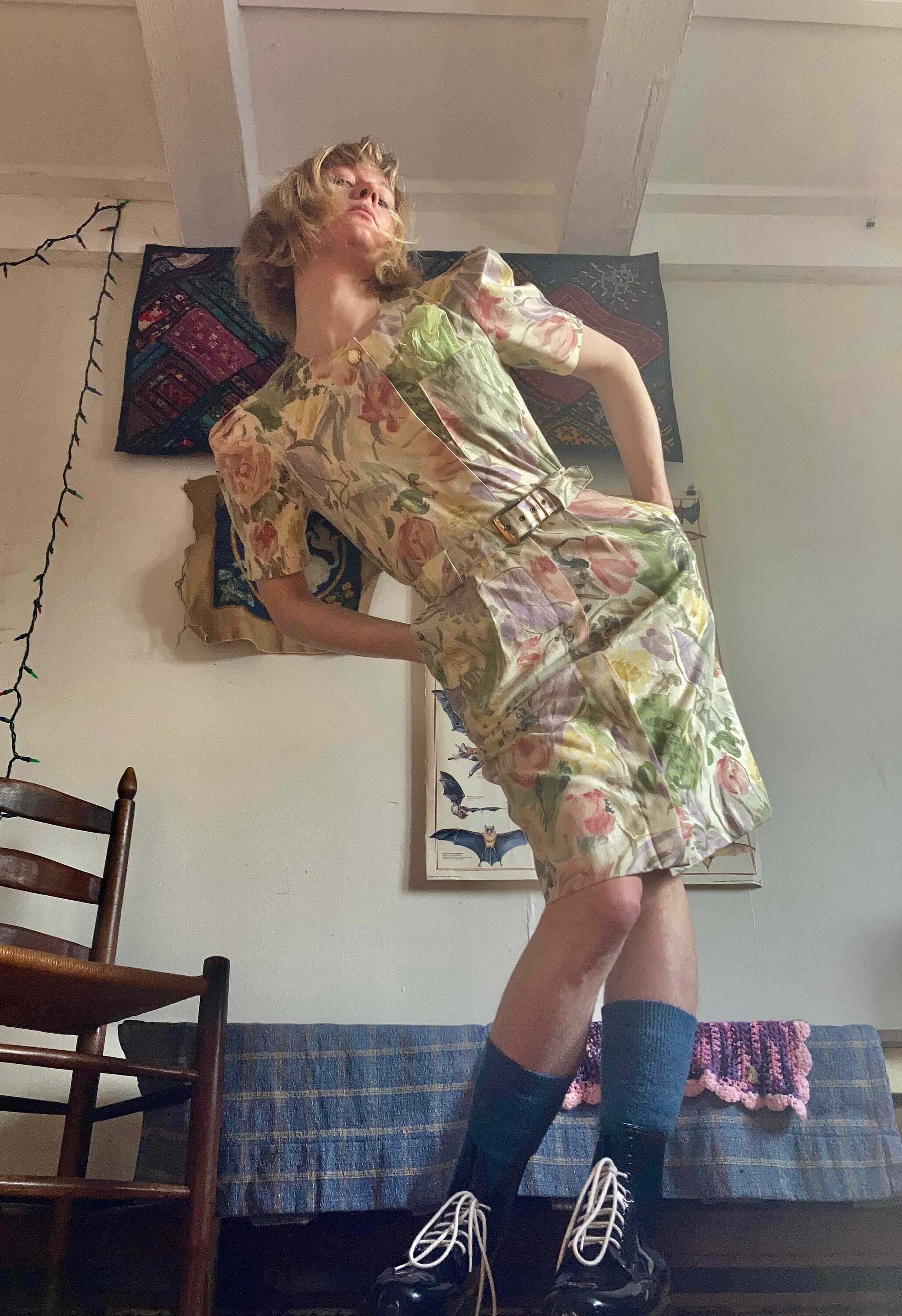 Damon vintage designer wiggle pin up button up duster jacket dress pockets size 4 Paris floral woven cotton linen structure 1970s 80s small