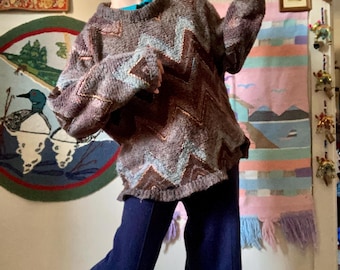 Vintage Alien Wah, entièrement doublé en zigzag, designer texturé style coogi pull xl extra large unisexe épais nb enby oversize unique