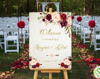 May include: Welcome sign with burgundy and pink floral design. The sign reads "Welcome to the wedding of Margaret & Robert, December 20th, 2017".