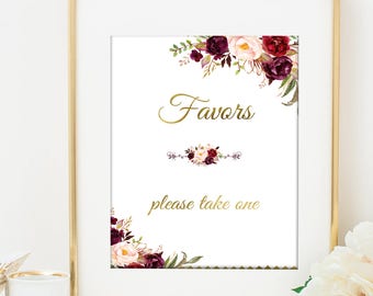 Marsala Favors Wedding Sign Marsala Burgundy Gold Wedding Sign Printable Poster Sign Burgundy Peonies Floral Wedding Decoration Take one