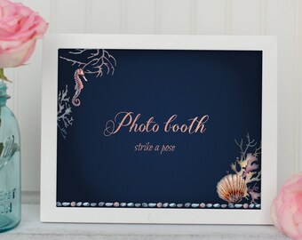 Navy Ocean Photo Booth Wedding Sign Beach Wedding Photo Sign Printable Poster Sign Blue Destination Wedding Sign Strike Pose Card Decor