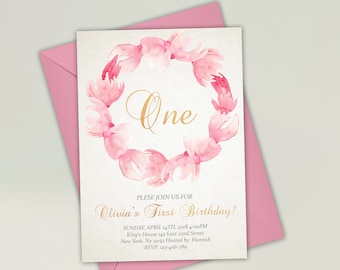 Mädchen 1. Geburtstag Einladung Erster Geburtstag Boho Floral Einladung Mädchen Floral One Birthday Einladung digital druckbare Einladung Pink Gold
