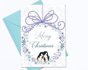 Merry Christmas Penguin Card Blue Purple  Christmas Card Greeting Card Holiday Card Xmas Greeting Card Digital Printable Christmas Card
