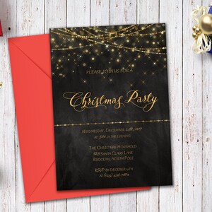 May include: A black and gold Christmas party invitation with a chalkboard background and gold glitter. The invitation reads "Please join us for a Christmas Party" and includes the date, time, and location of the party.