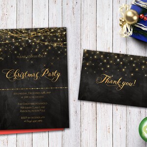 May include: A black and gold Christmas party invitation with a string of lights design. The invitation includes the text "Please join us for a Christmas Party" and details about the party, including the date, time, and location. A separate black and gold card with the text "Thank you!" is also included.