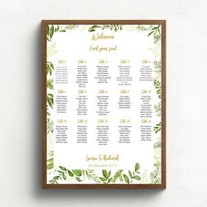 Woodland Wedding Seating Chart Outdoor Garden Wedding Sign Green Leaves Guest List Green Gold Wedding Seating Table Assignment Forest Weddin