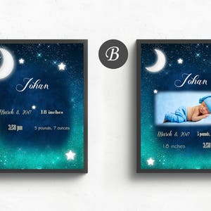 Annonce de bébé personnalisée Photo Bébé Naissance Stats Personnalisé Nouveau Cadeau Bébé Nouveau Bébé Nouveau-né Statistiques de naissance Nouvelle Maman Cadeau Stars Lune Nursery Décor