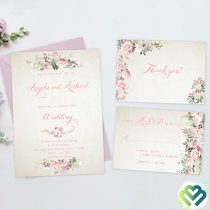Roses Wedding Invitation Set Romantic Roses Wedding Invitation Floral Wedding Invite Roses Pink Invitations Romantic Wedding Suite Printable