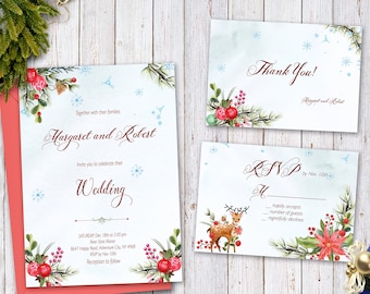 May include: A winter-themed wedding invitation suite with a red and green floral design. The invitation features the text "Margaret and Robert" and "Wedding". The RSVP card features a deer illustration and the text "RSVP by Nov. 10th". The thank you card features the text "Thank You!" and "Margaret and Robert".
