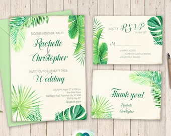 Tropical Wedding Invitation Destination Wedding Tropical Greenery Leaves Wedding Hawaiian Wedding Palm Tree Wedding Invites Light Invites