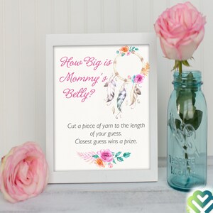 Quão grande é a barriga da mamãe cartão para impressão sinal de chá de bebê floral decoração de chá de bebê para impressão floral apanhador de sonhos boho menina cartão de chá de bebê