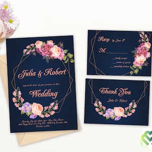 Geometric Floral Navy Blush Wedding Invitation Set Crystal Wedding Invite Romantic Invite Wedding Printable Invitation Suit  Roses Invite