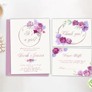 Lila Blumen Rosen Baby Shower Einladung Lila Baby Shower Einladung Set Windel Raffle Bücher Ratkarte It es a Girl Baby Shower DIY