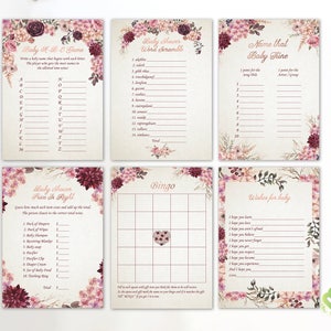 Floral Baby Shower Games Printable Baby Games Bundle Baby Shower Games Pack Burgundy Peach Baby Shower Game  Party Games Digital Rose Gold