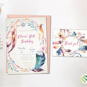 Boho Geburtstag Einladung Geburtstag Mädchen Einladung Tribal Boho Feder Einladung Set Druckbare Einladung Danke Karte DIY Tribal Geburtstag