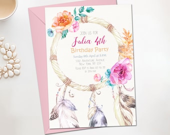 May include: A watercolor invitation with a dreamcatcher design, featuring pink, orange, and yellow flowers. The text reads "Join us for Julia 4th Birthday Party".