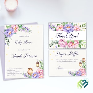 Eule Floral Sterne Baby Shower Einladung Set Baby Mädchen Floral Eule Einladung Boho Baby Floral Einladung Set Druckbare Einladung Windel bücher Karte