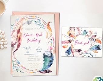 May include: An invitation and thank you card set with a watercolor feather design. The invitation reads "Olivia's 18th Birthday" with event details. The thank you card features the words "Thank you!" in a circular feather frame.