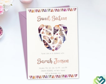 May include: A white invitation card with a pink envelope. The card features a watercolor illustration of a heart made of feathers in shades of brown, purple, and gold. The text "Sweet Sixteen" is written in a rose gold font at the top of the card. The invitation is for a Sweet Sixteen party for Sarah Jonson.