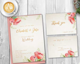 Spring Floral Wedding Invitation Printable Boho Wedding Invitation Suite Romantic Wedding Invitation  Wedding Invite Floral Gold Wedding