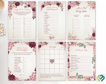 Floral Baby Shower Games Printable Baby Games Bundle Baby Shower Games Pack Burgundy Peach Baby Shower Game  Party Games Digital Rose Gold