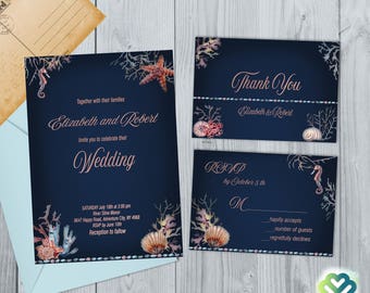 Navy Beach Wedding Invitation Set Seaside Wedding Invite Ocean Coral Seashell Starfish Invite Destination Wedding Printable Beach Themed