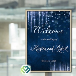 Inverno Matrimonio Segno di benvenuto Fiocco di neve Blu Ricevimento di nozze Segno Matrimonio nuziale Poster di benvenuto Stampabile Digitale Benvenuto Ghiaccio e neve