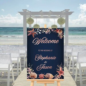 Navy Beach Wedding Welcome Sign Seaside Wedding Sign Ocean Coral Seashell Starfish Navy Blush Reception Welcome Destination Wedding Welcome