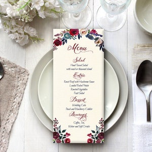 Burgundy Boho Wedding Long Menu Tea Card Bohemian Food Courses Floral Wedding Boho Bordo Navy Printable Tower Menu Digital Card Dinner Menu
