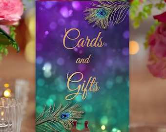 Peacock Cards and Gifts Wedding Sign Peacock Purple Gold Wedding Sign Printable Poster Sign Cards and Gifts Sign Baby Shower Peacock Sign