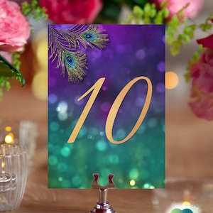 Numéros de table de mariage paon violet or décor de mariage numéros de table de banquet numéros de table imprimables 1-10 numéros de table d’événement Table de fête