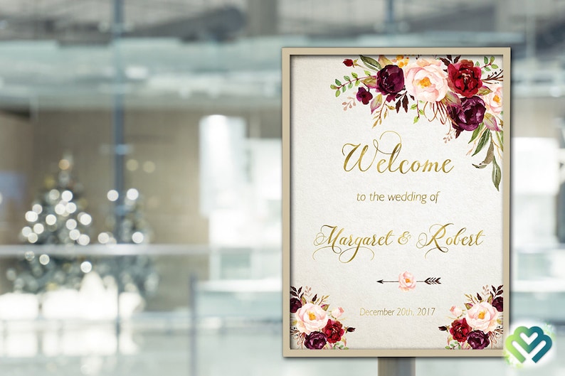 Wedding Welcome Sign Marsala Burgundy Peonies Floral Boho Wedding Reception Sign Bridal Wedding Welcome Poster Printable Digital Welcome image 3