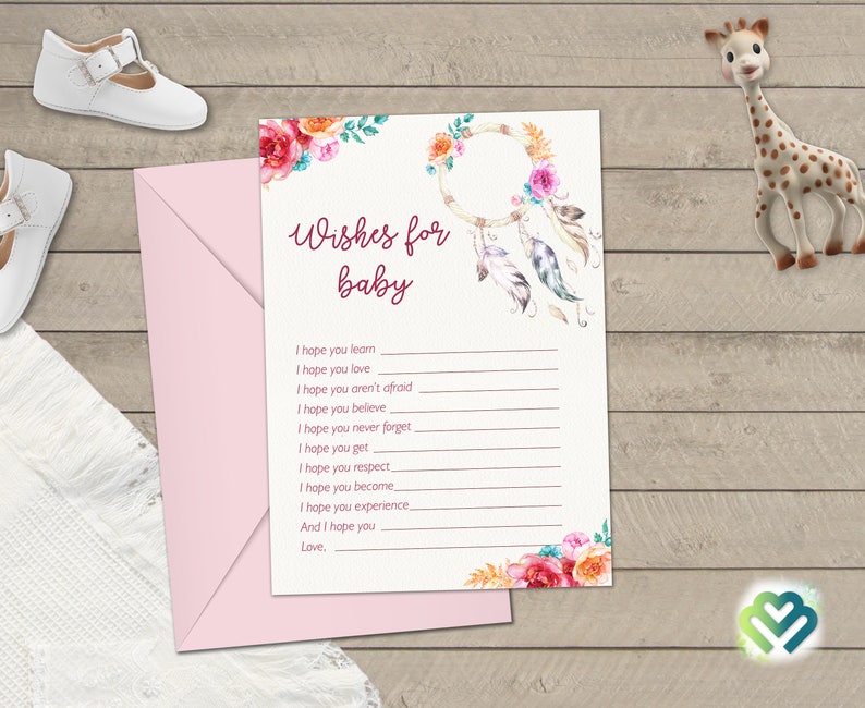 May include: A white card with a pink floral design and a dreamcatcher with feathers. The card has the text "Wishes for baby" and a list of wishes for a baby.