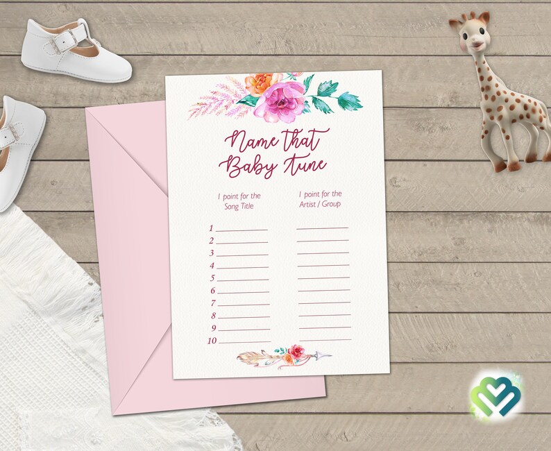 May include: A printable baby shower game card with a floral design. The card has a title that says "Name that Baby Tune". The card has two columns, one for the song title and one for the artist or group.