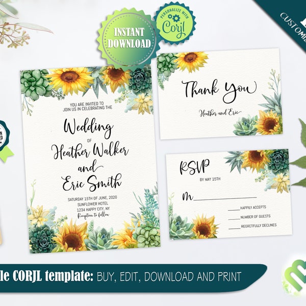 Editable Sunflower Succulent Fall Wedding Set Wedding Invite Country Wedding Autumn Wedding Suite Sunflower Wedding Theme DIY Cards