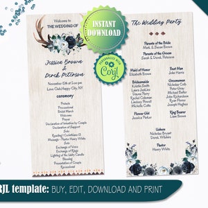 Könnte beinhalten: Eine druckbare Vorlage für ein Hochzeitszeremonie-Programm mit rustikalem Holzhintergrund und floralen Akzenten in Blau- und Grüntönen. Das Programm enthält die Namen des Brautpaares, Jessica Brown und Derek Peterson, das Hochzeitsdatum und die Uhrzeit sowie die Reihenfolge der Zeremonie. Die Vorlage ist mit Corjl anpassbar.