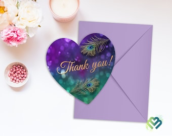 Peacock Heart Favor Tags Wedding Thank You Tags Peacock Purple Gold Thank You Sign Printable Baby Shower Bridal Shower  Heart Shaped Tags