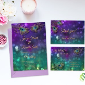 May include: Purple and green wedding invitation with gold accents and peacock feathers. The invitation reads "Jessica Stuart & Robert Smith" and includes the date, time, and location of the wedding. The RSVP card reads "RSVP by November 5th".